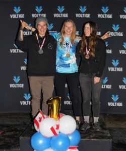 Les trois médaillées des compétitions canadiennes de parachutisme sportif 2023 en wingsuit de performance catégorie féminine posent sur la première marche du podium.